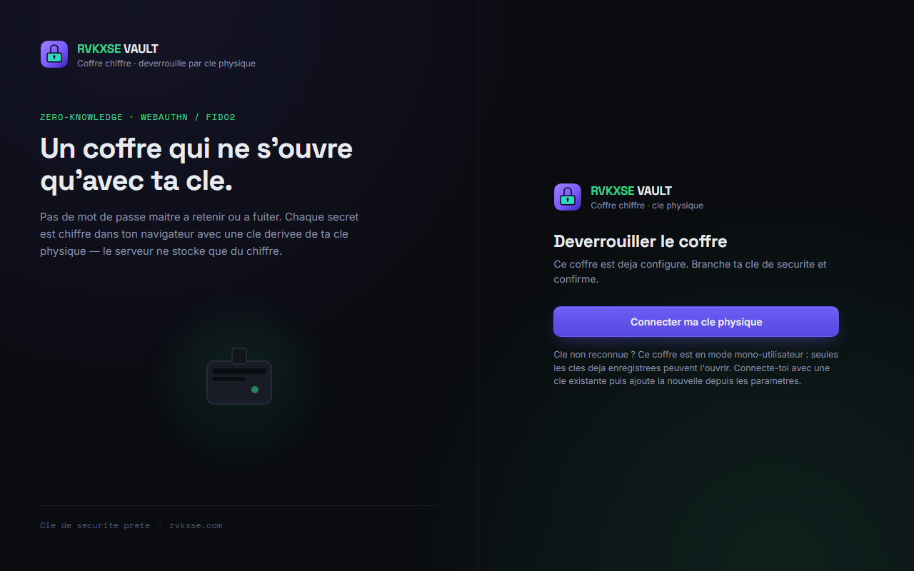 Écran de déverrouillage de RVKXSE Vault par clé physique